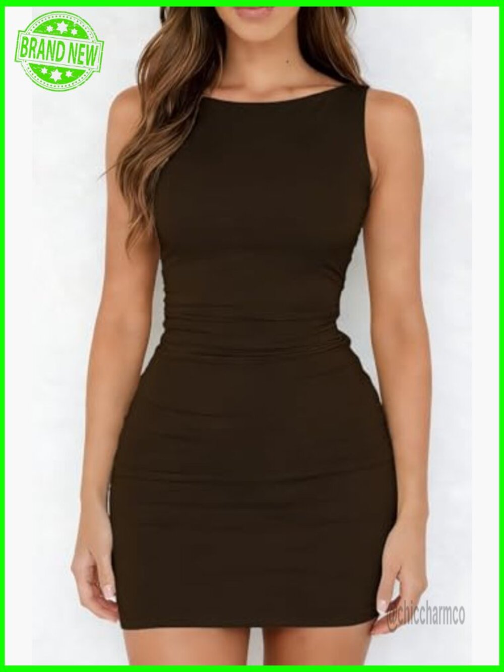 Women's Summer Boat Neck Mini Dress Sleeveless Ruched Slim Fit Bodycon Party - Picture 2 of 5
